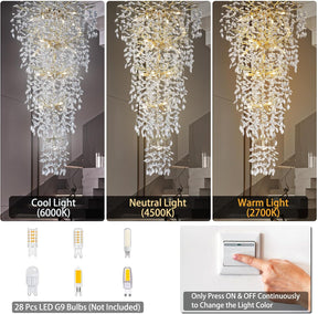 63'' Long Crystal Chandelier for High Ceiling, 28-Light Modern Gold Tree Branch Chandelier, Large Chandeliers for Foyer Entryway Staircase Living Room, 5-Tier Luxury K9 Crystal Raindrop Light Fixture