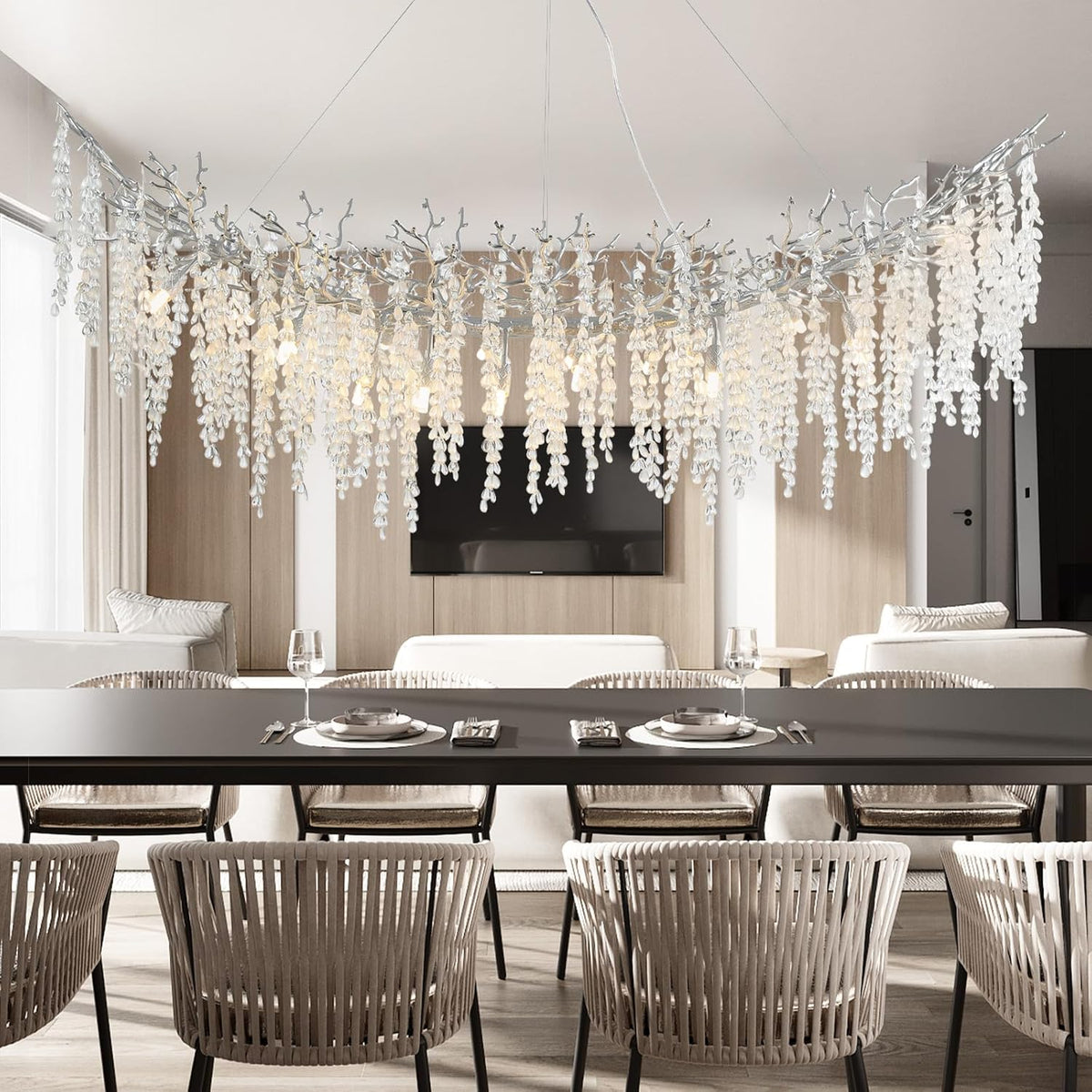 Rectangular Chandeliers for Dining Room, 63 in Silver Ceiling Pendant