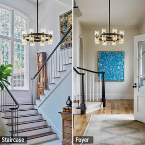 Black Wagon Wheel Chandelier 18" Modern Farmhouse 16‑Light K9 Fixture