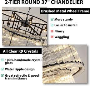 Black Modern Chandelier,2-Tier Round 37" Chandelier, Drum Pendant Lighting, Adjustable Round Chandelier