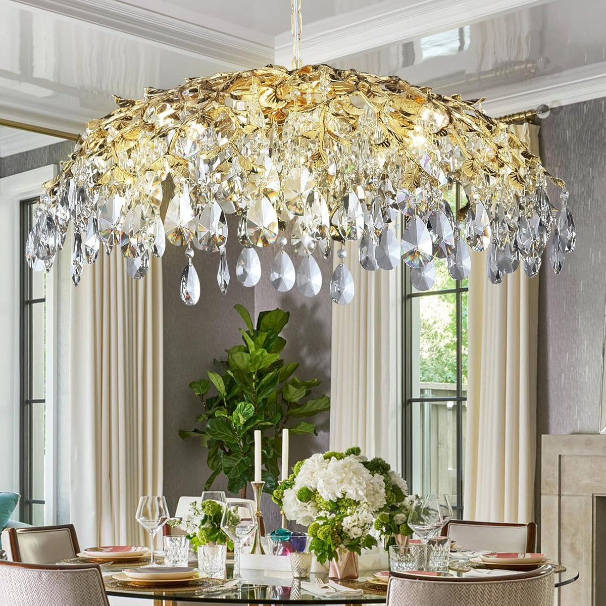 Modern Crystal Chandelier,Gold Ceiling Pendant Flower Hanging Lighting 31.5"