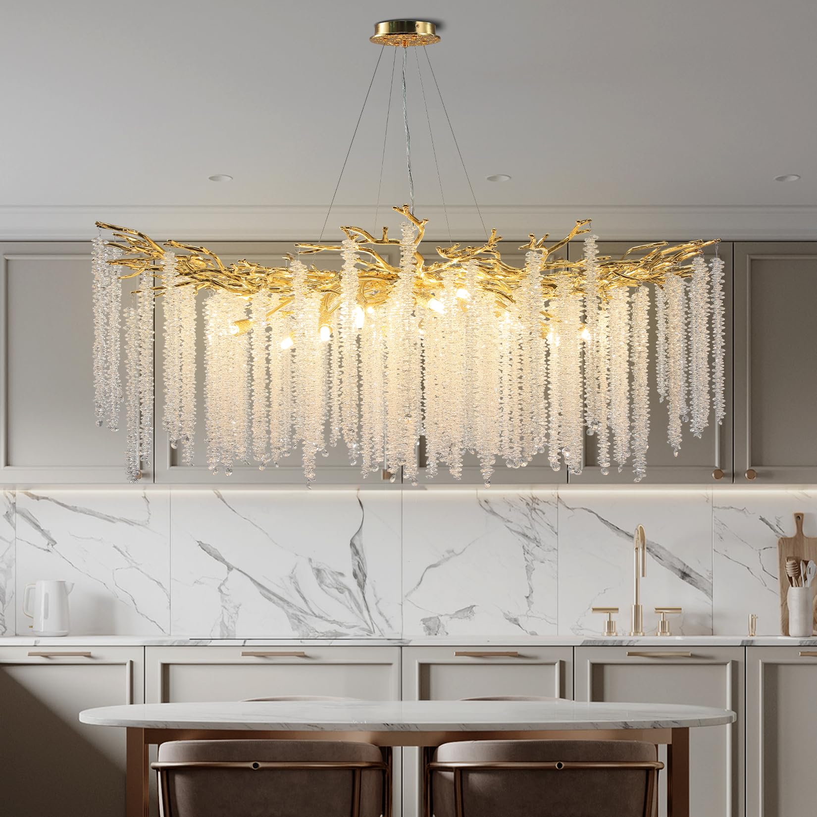 Modern Crystal Chandeliers for Dining Room,Gold Luxury Round Tree Branches Chandelier Lighting,High Ceiling Chandelier Light Fixture Hanging Pendant Light Fixtures(47.2 Inch)