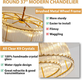 37'' Gold Chandelier Fixture, Doule Layer Drum Pendant Lighting