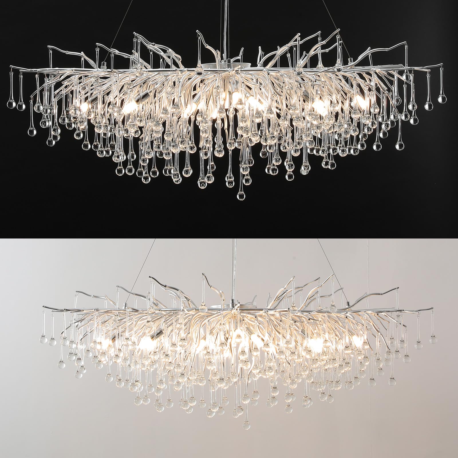 Modern Rectangle Chandelier, Forest Tree Branch Large Ceiling Light Fixture Pendant Silver Frosted Raindrop Long High Ceiling Kitchen Island Lighting for Dining Room, Foyer (L47.5 Rectangle)