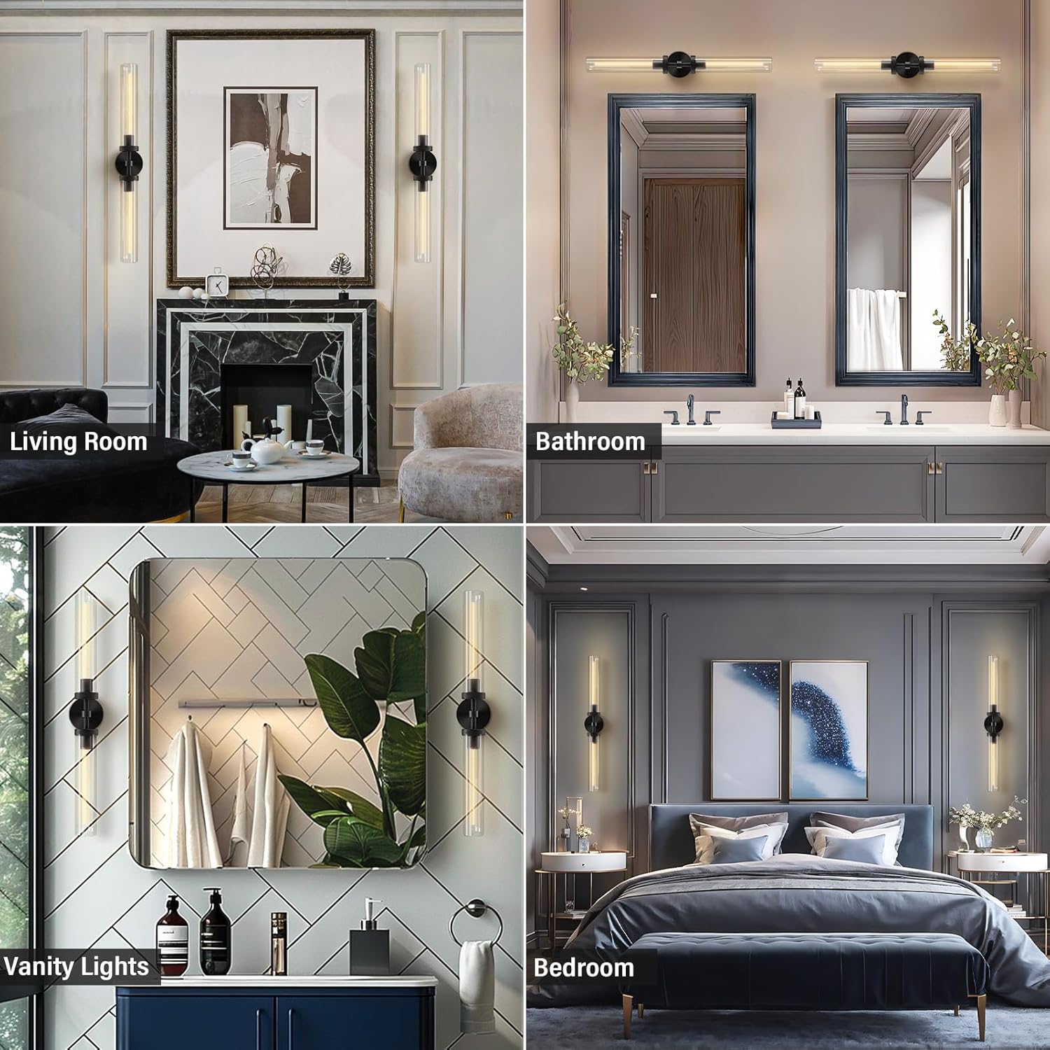 RINGRAIN Black Brass Glass Double Wall Sconce Set 30" Knurled