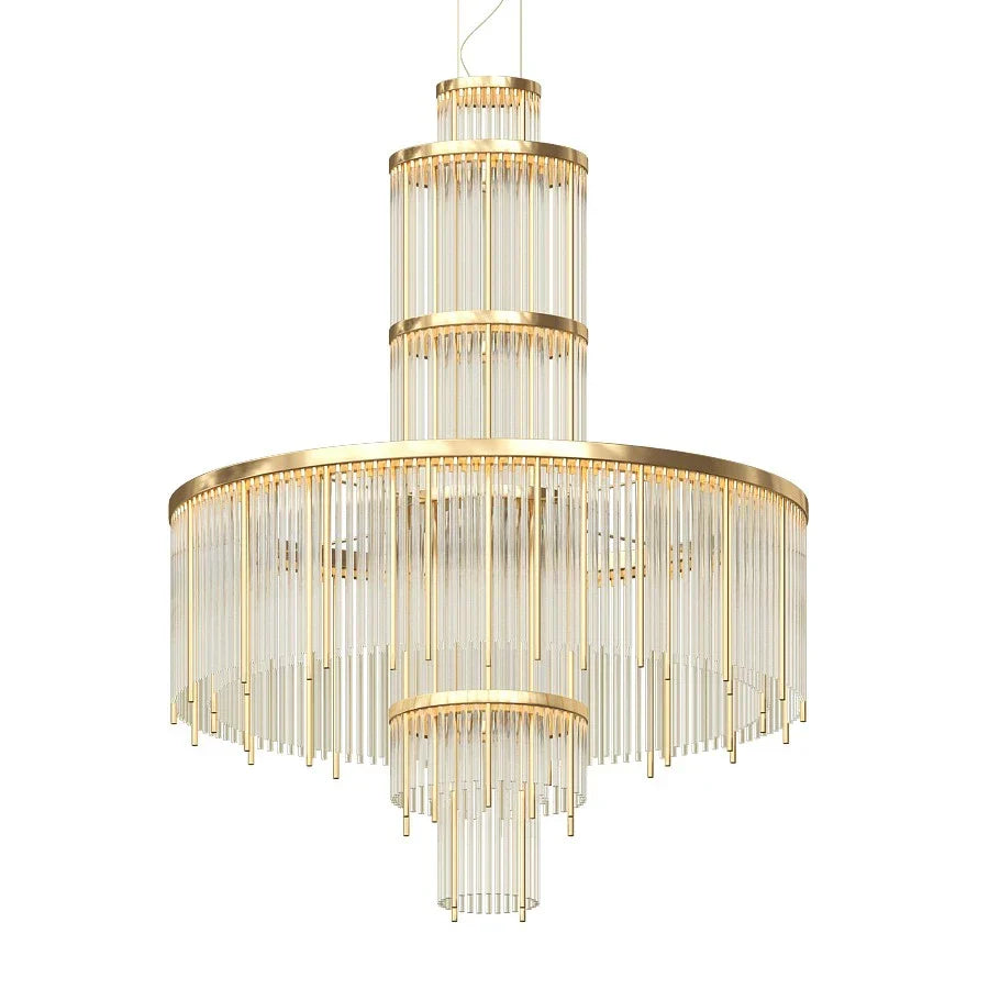 Modern Multi-layered Glass&Metal Rods Chandelier for High-ceiling