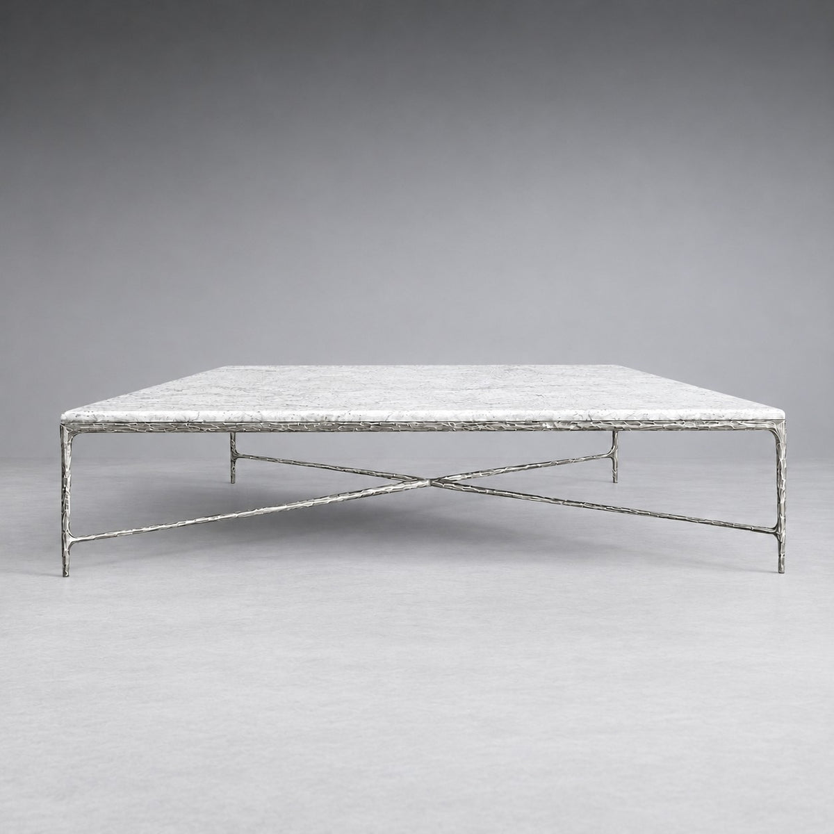 Square Hammered Metal and Marble Coffee Table