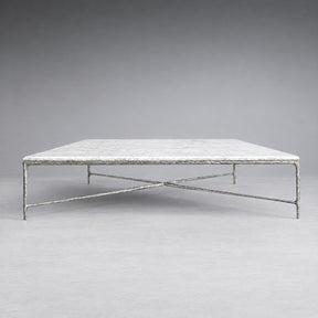 Square Hammered Metal and Marble Coffee Table