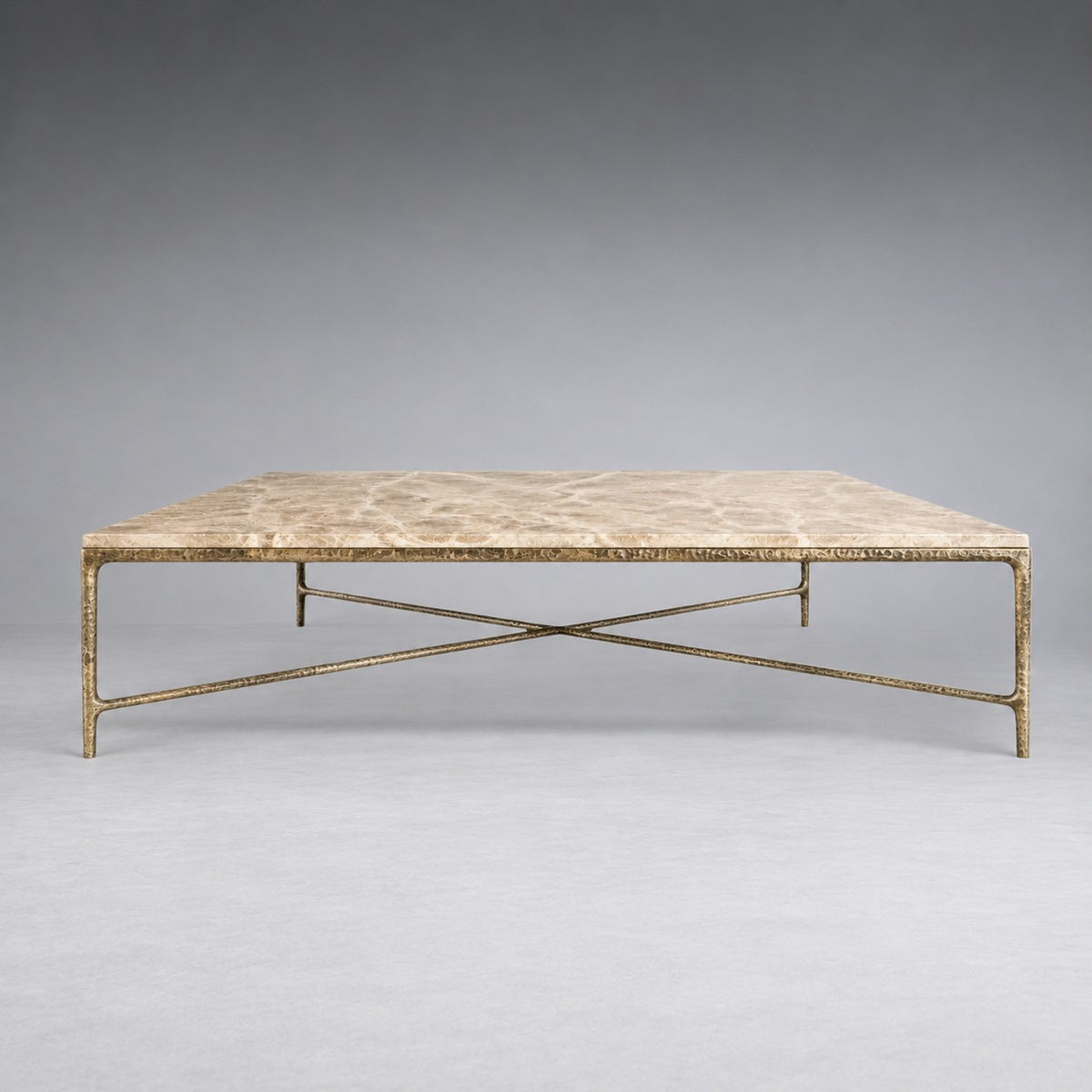 Square Hammered Metal and Marble Coffee Table