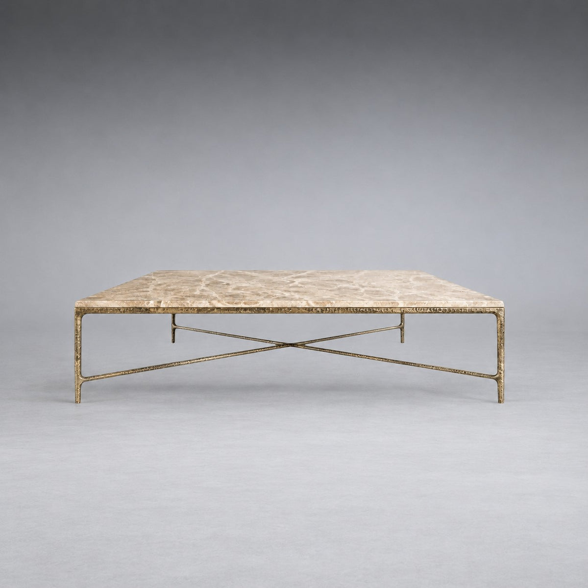 Square Hammered Metal and Marble Coffee Table