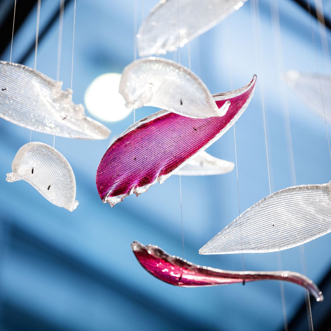 Flying Glass Feather Chandelier, Modern Spiral Glass Long Chandelier Lighting