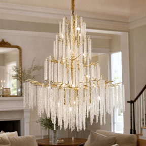 Gold Branch Chandelier with Cascading Crystal Raindrop Strands