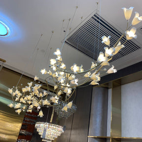 Modern Brass Branch Ceramics Flower Chandelier for Stylish Living Room Hotel and Restaurant - Merlin Lamps