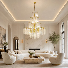 A large, multi-tiered chandelier with a gold branch-like frame and long strands of cascading crystal droplets.