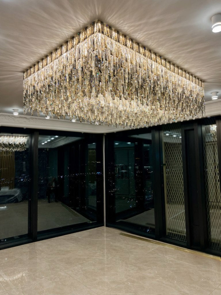 Grand Oversized Rectangular Gradient Smoky Amber Crystal Flush Mount Ceiling Light