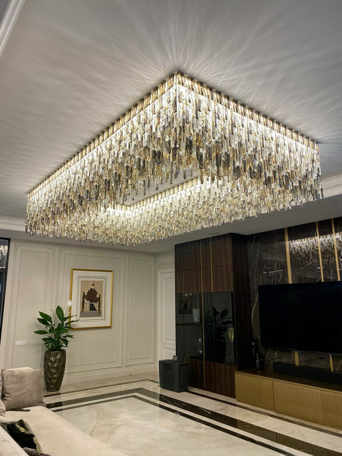 Grand Oversized Rectangular Gradient Smoky Amber Crystal Flush Mount Ceiling Light