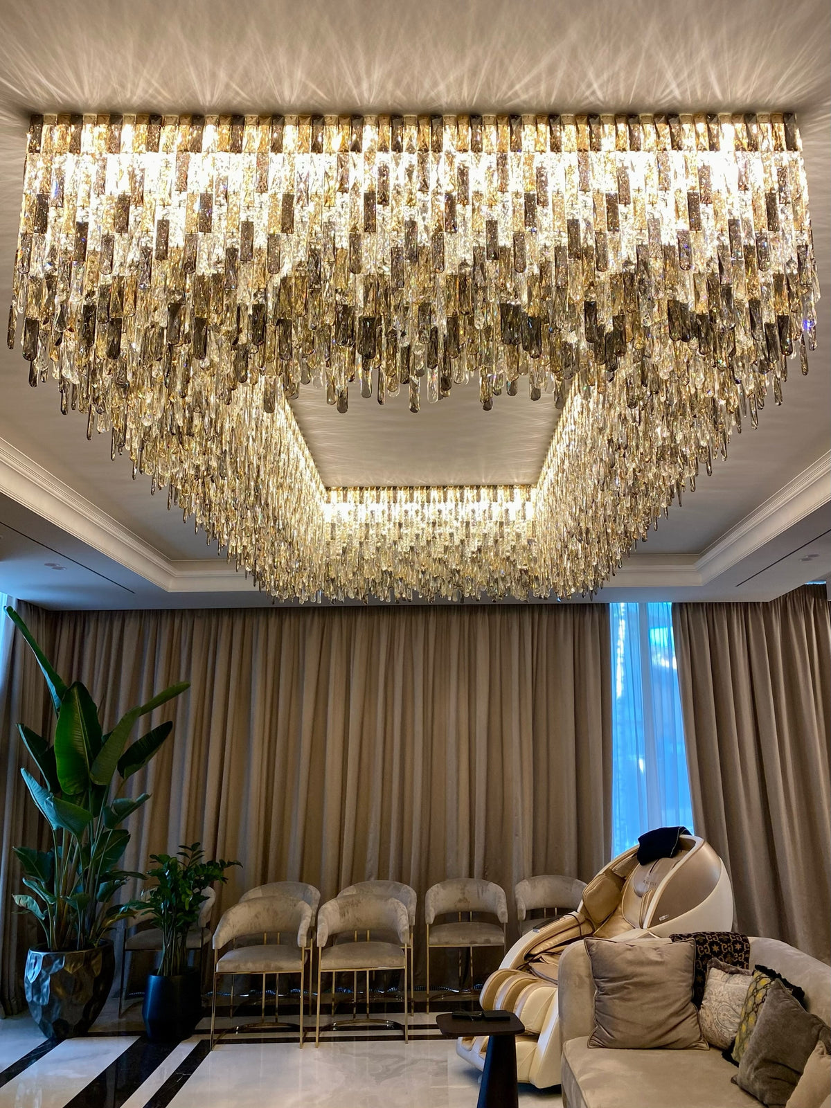 Grand Oversized Rectangular Gradient Smoky Amber Crystal Flush Mount Ceiling Light