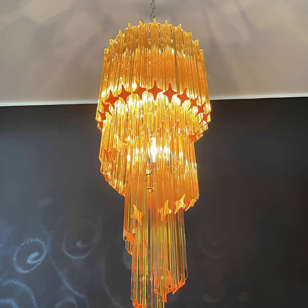 Chandelier  Spiral Prism Glass Hand-Cut Faceted Prisms Nickel Frame Pink Amber