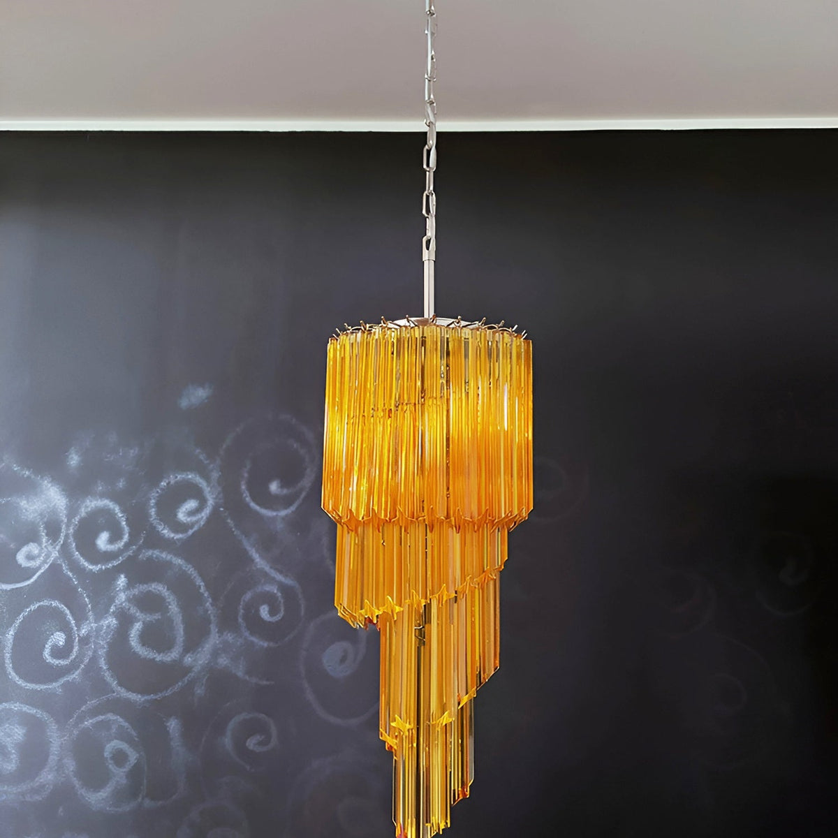 Chandelier  Spiral Prism Glass Hand-Cut Faceted Prisms Nickel Frame Pink Amber