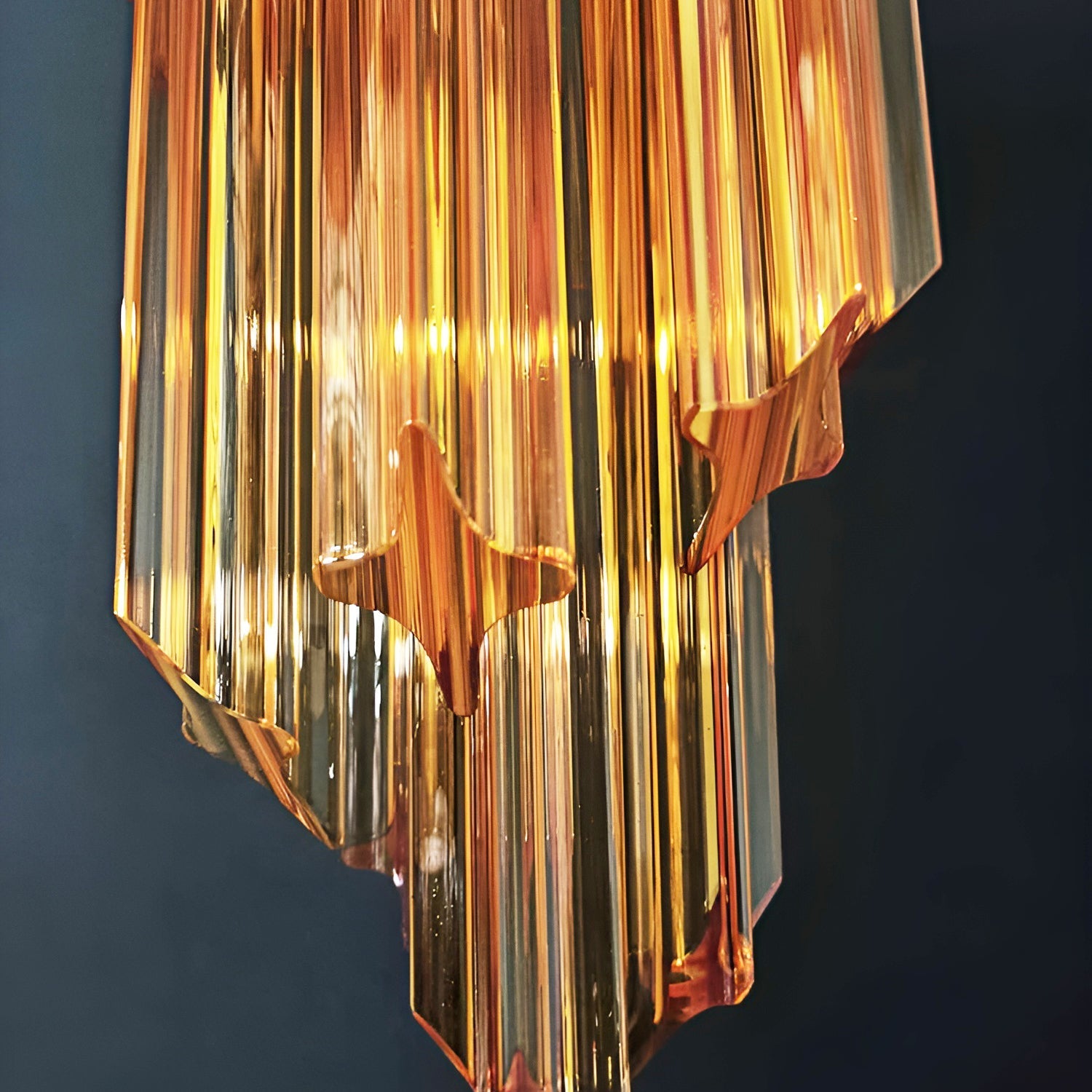Chandelier  Spiral Prism Glass Hand-Cut Faceted Prisms Nickel Frame Pink Amber