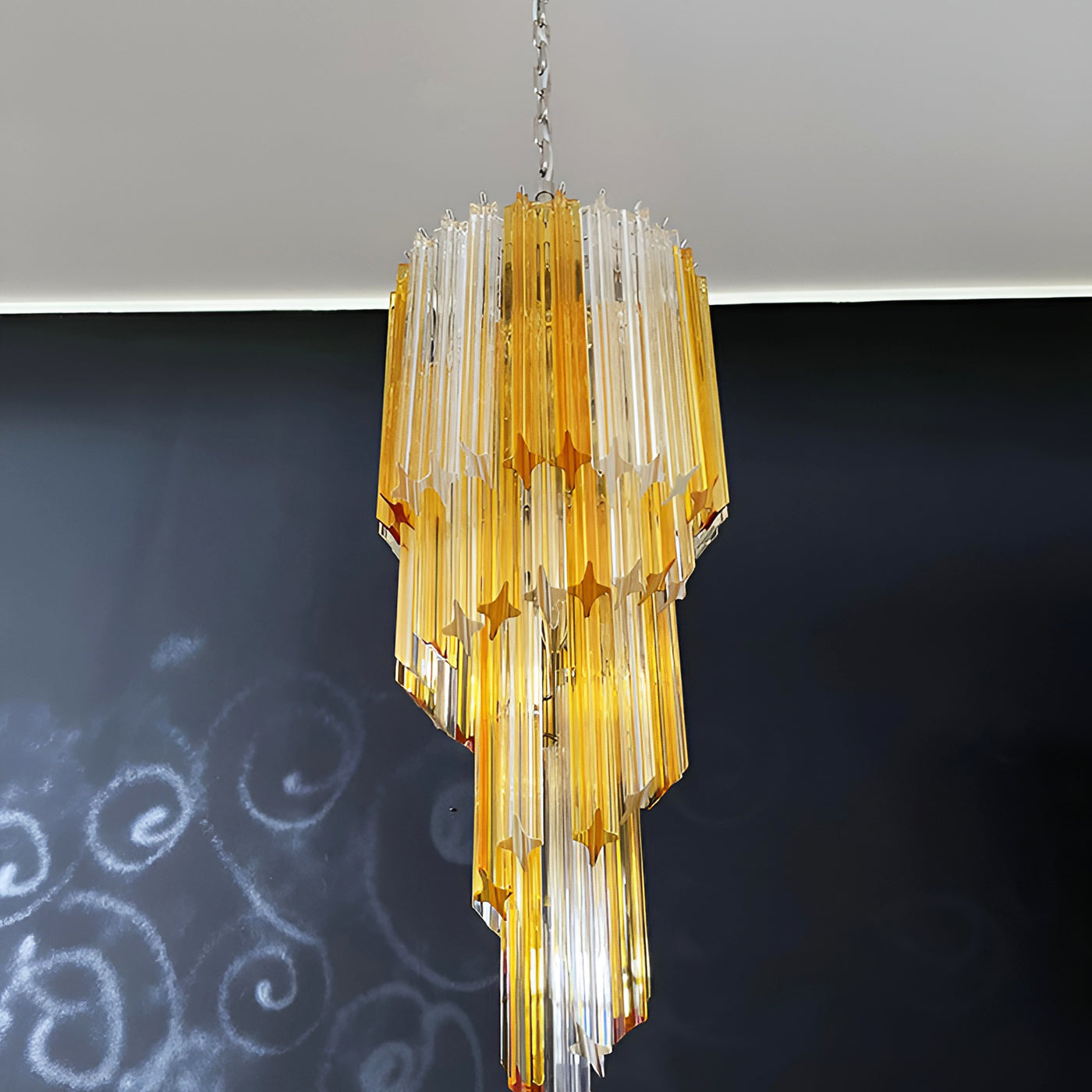 Chandelier  Spiral Prism Glass Hand-Cut Faceted Prisms Nickel Frame Pink Amber