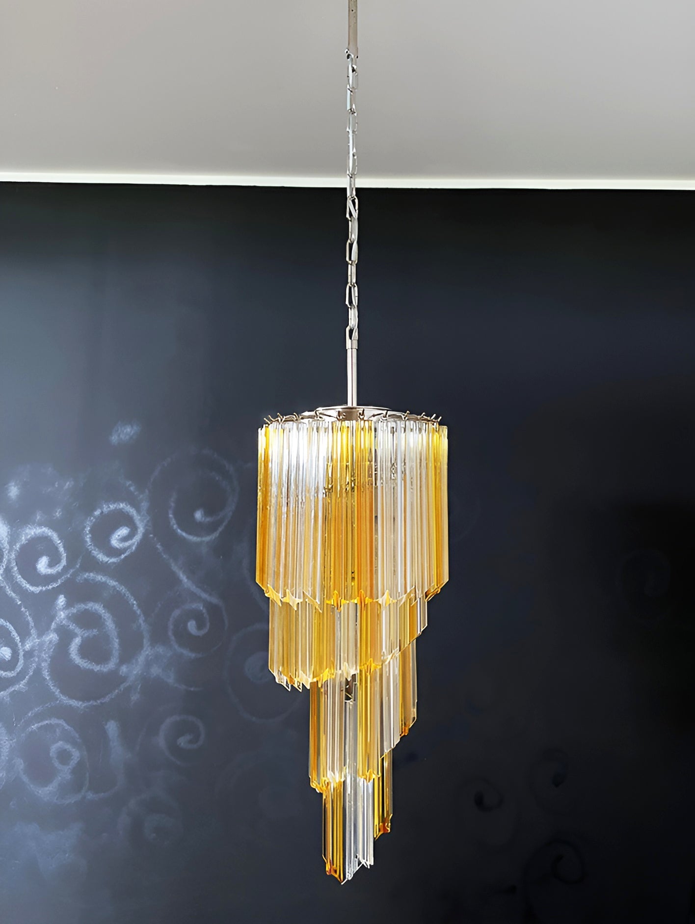 Chandelier  Spiral Prism Glass Hand-Cut Faceted Prisms Nickel Frame Pink Amber