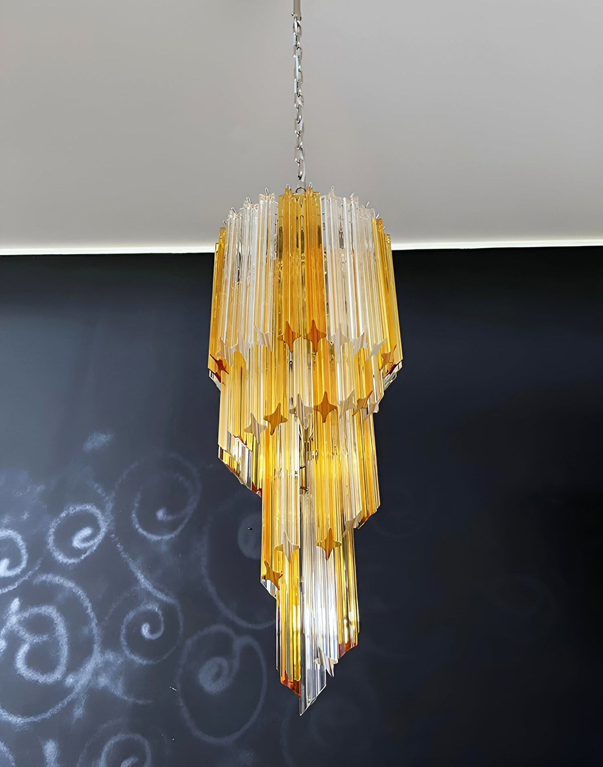 Chandelier  Spiral Prism Glass Hand-Cut Faceted Prisms Nickel Frame Pink Amber