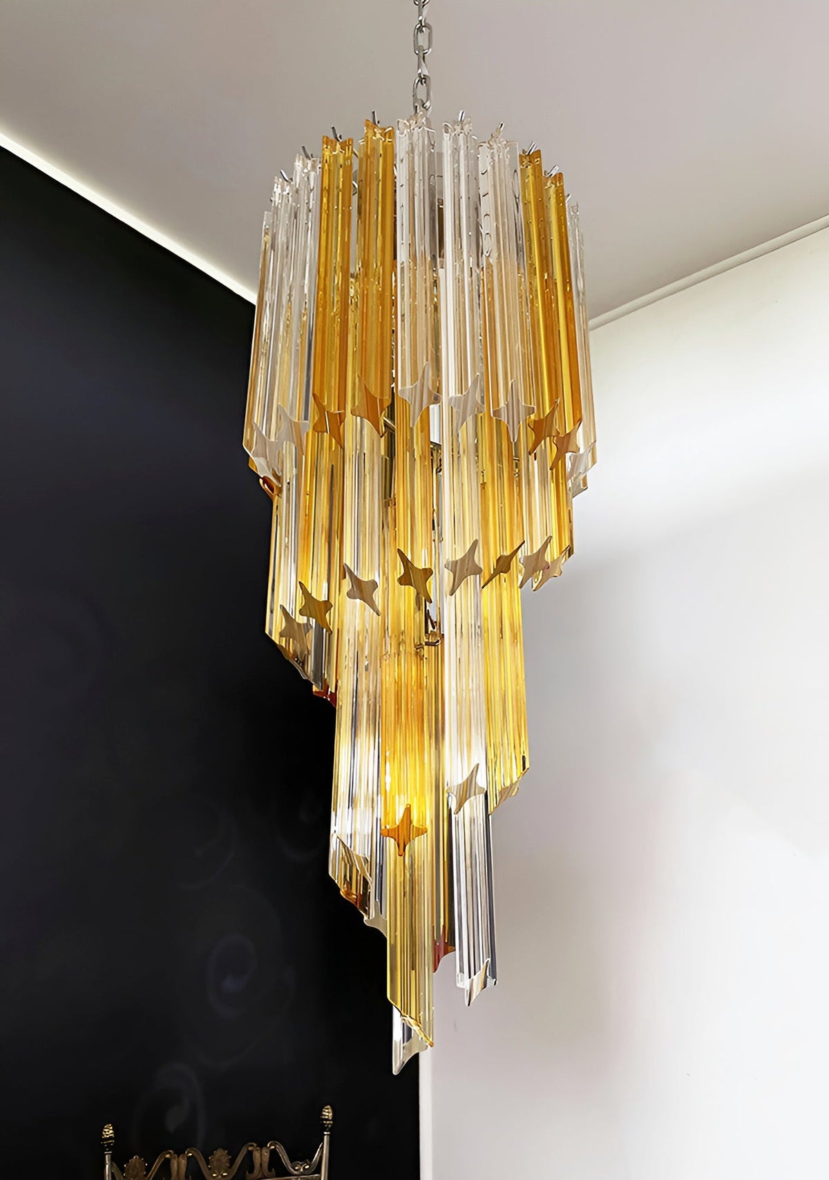 Chandelier  Spiral Prism Glass Hand-Cut Faceted Prisms Nickel Frame Pink Amber