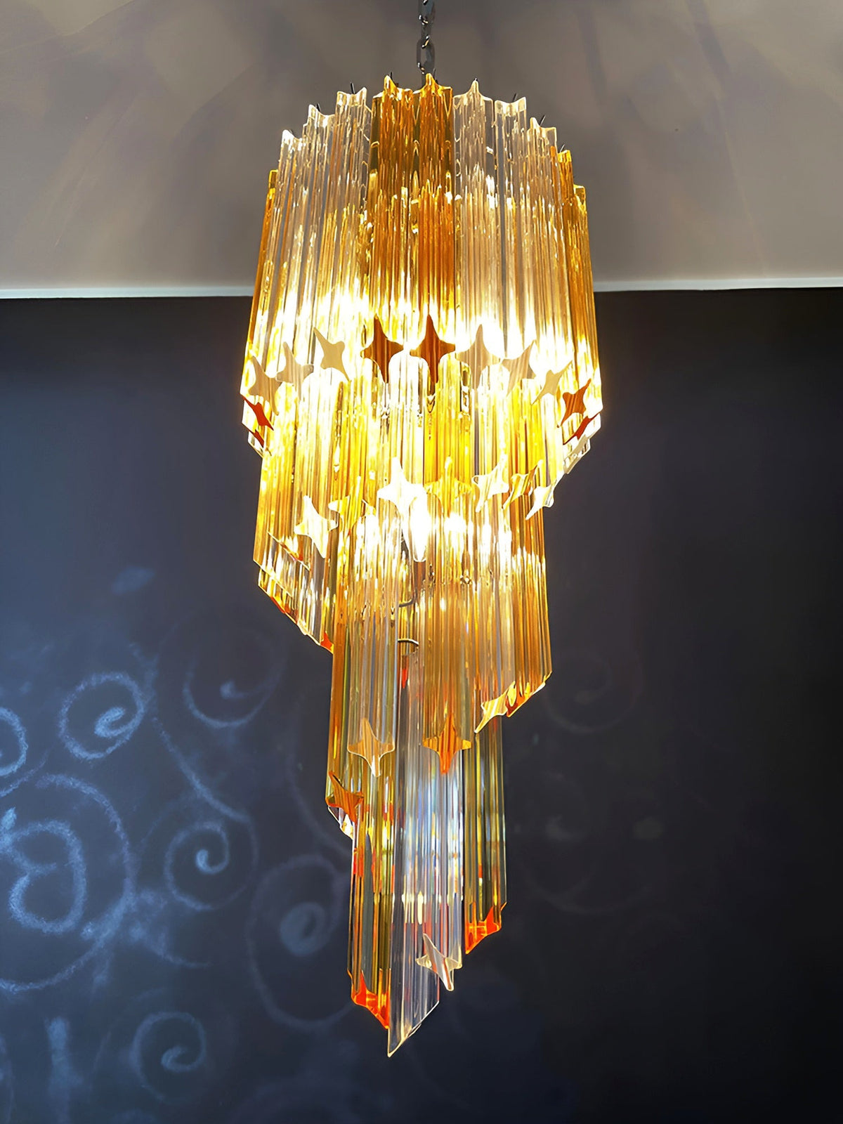 Chandelier  Spiral Prism Glass Hand-Cut Faceted Prisms Nickel Frame Pink Amber