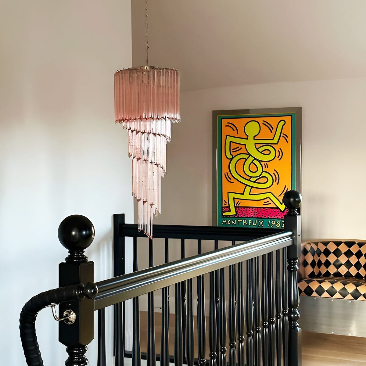 Chandelier  Spiral Prism Glass Hand-Cut Faceted Prisms Nickel Frame Pink Amber