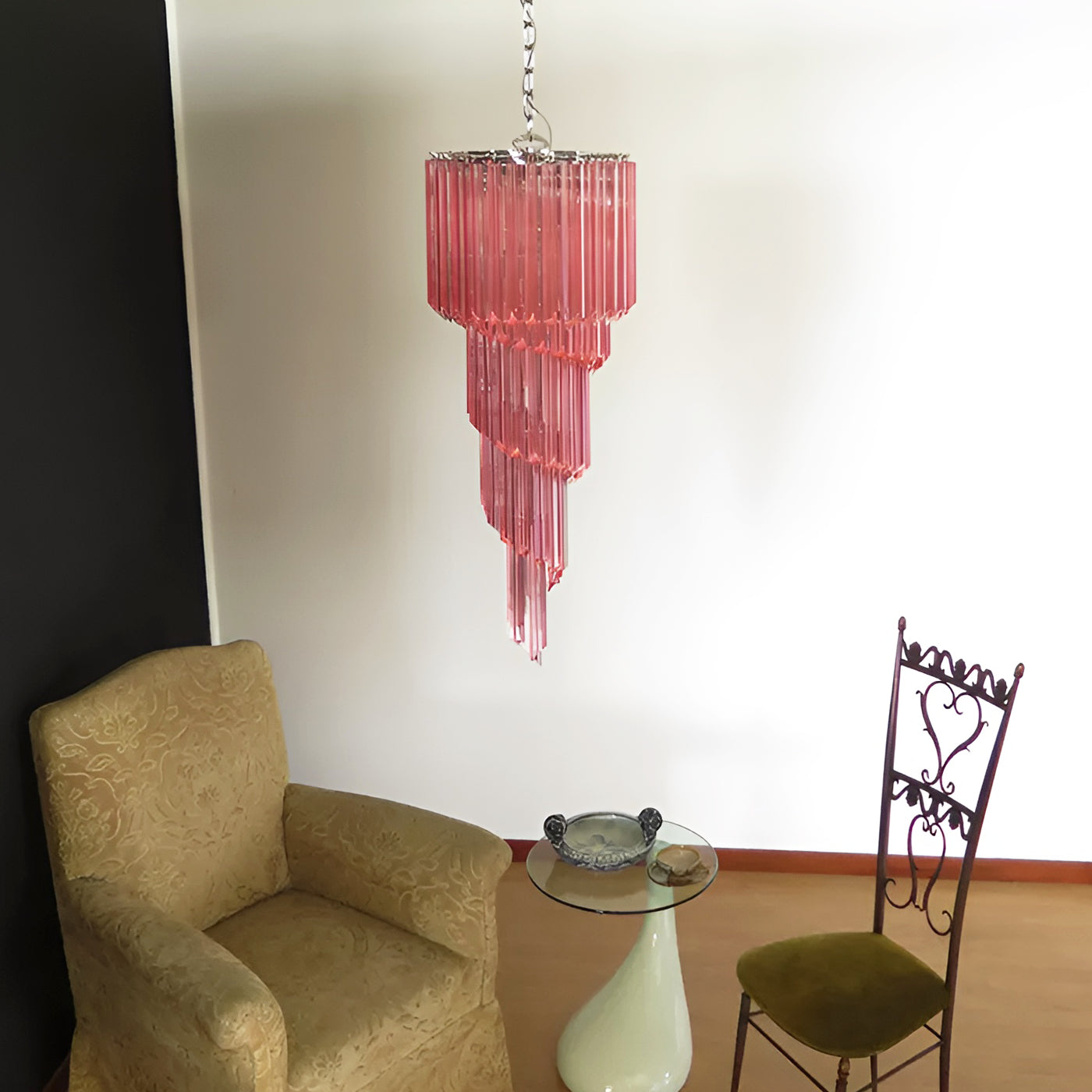 Chandelier  Spiral Prism Glass Hand-Cut Faceted Prisms Nickel Frame Pink Amber