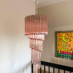 Chandelier  Spiral Prism Glass Hand-Cut Faceted Prisms Nickel Frame Pink Amber