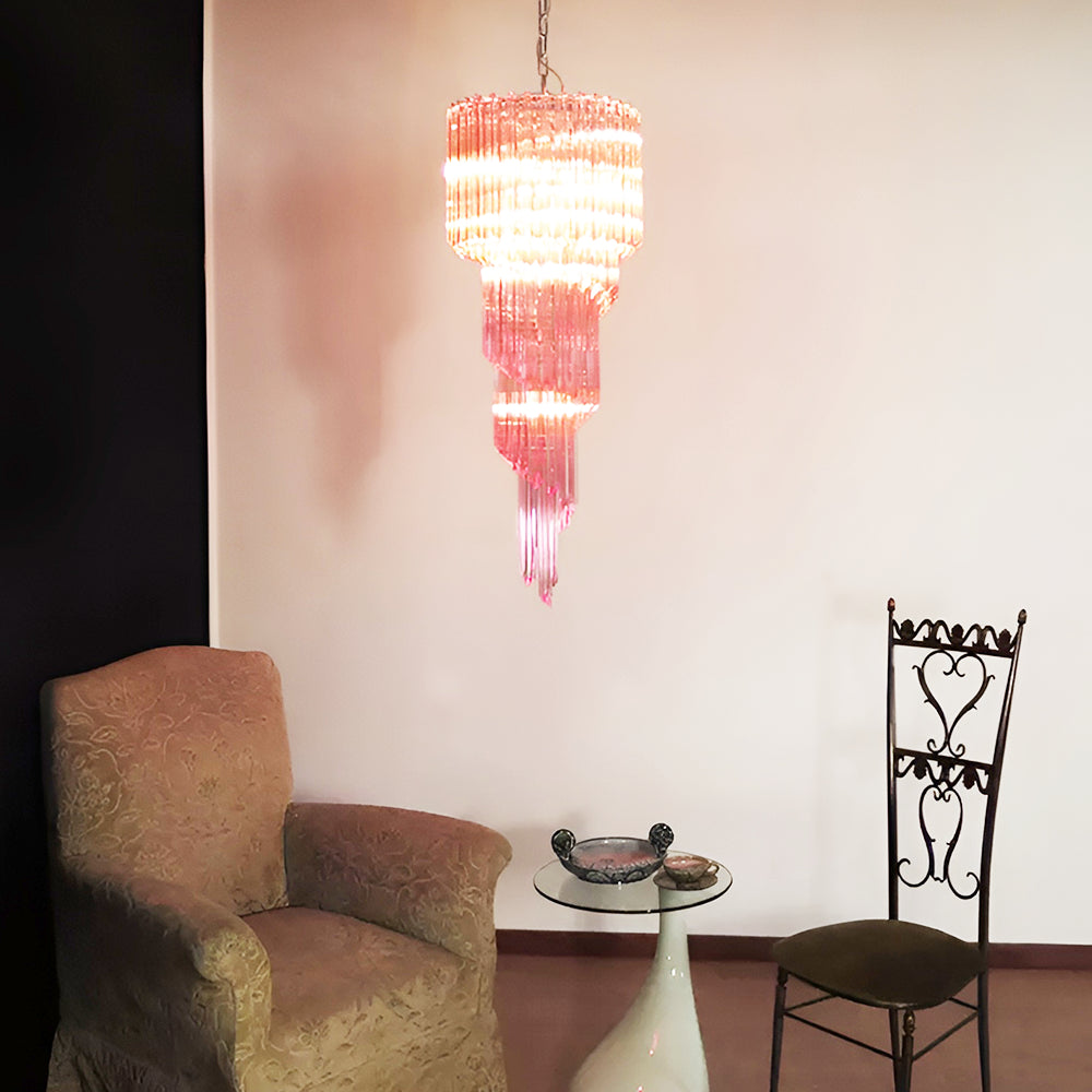 Chandelier  Spiral Prism Glass Hand-Cut Faceted Prisms Nickel Frame Pink Amber
