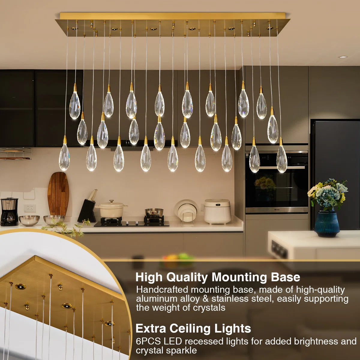 Merlin 31-Light Dimmable Rectangular LED Crystal Raindrop Chandelier for Kitchen Island