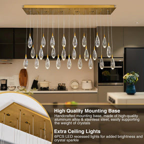 Merlin 31-Light Dimmable Rectangular LED Crystal Raindrop Chandelier for Kitchen Island