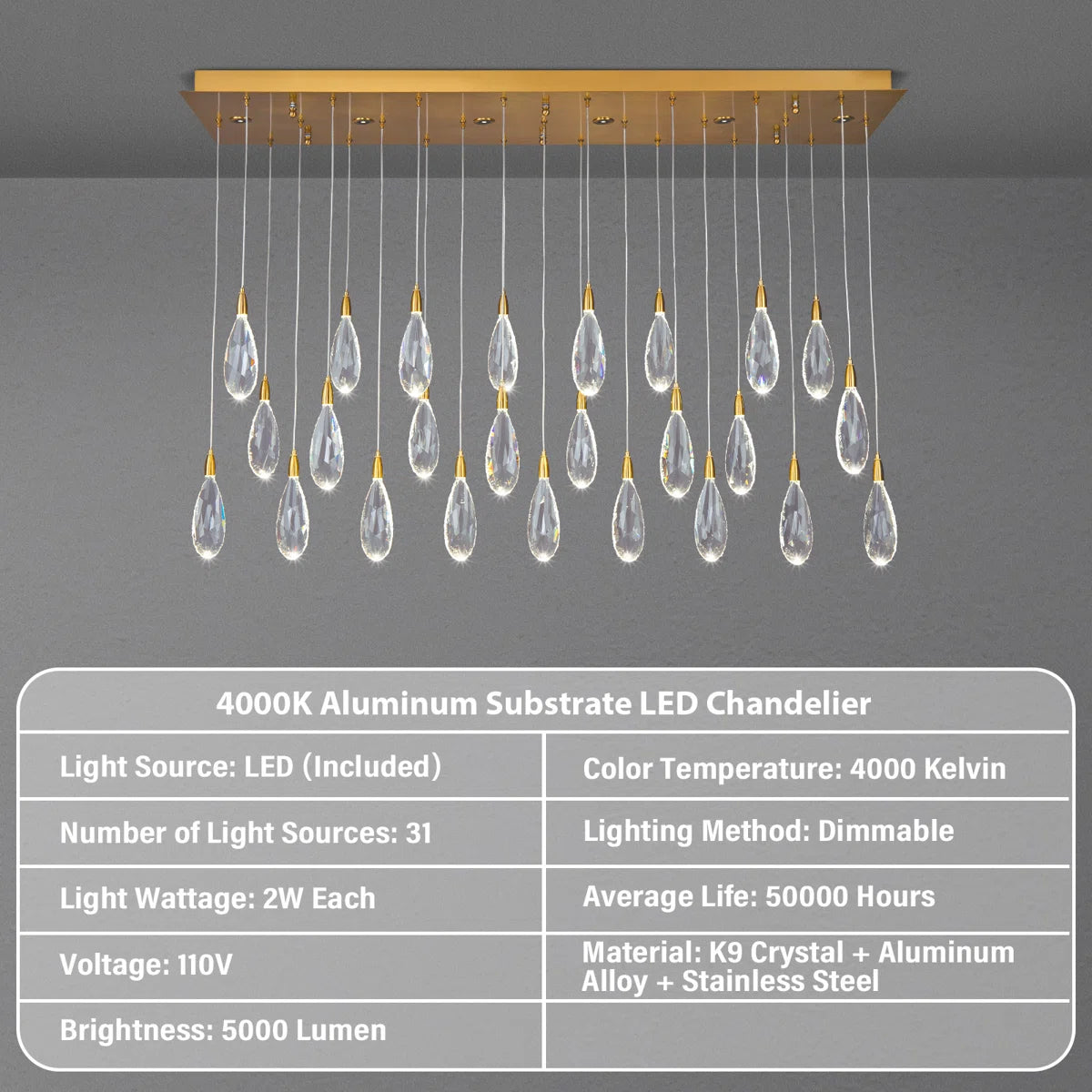 Merlin 31-Light Dimmable Rectangular LED Crystal Raindrop Chandelier for Kitchen Island