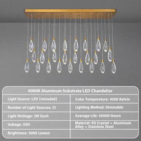 Merlin 31-Light Dimmable Rectangular LED Crystal Raindrop Chandelier for Kitchen Island