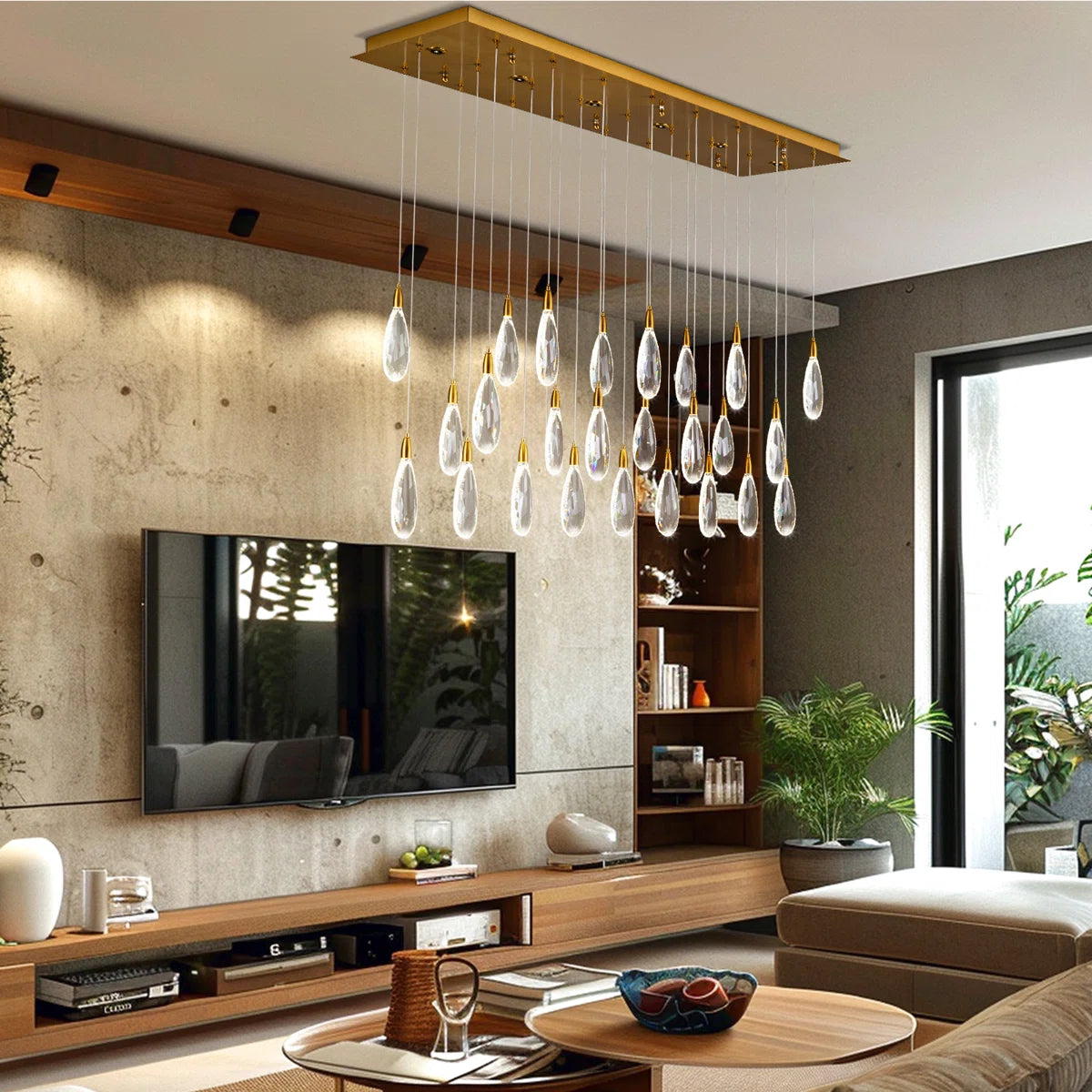 Merlin 31-Light Dimmable Rectangular LED Crystal Raindrop Chandelier for Kitchen Island