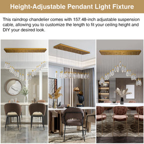 Merlin 31-Light Dimmable Rectangular LED Crystal Raindrop Chandelier for Kitchen Island