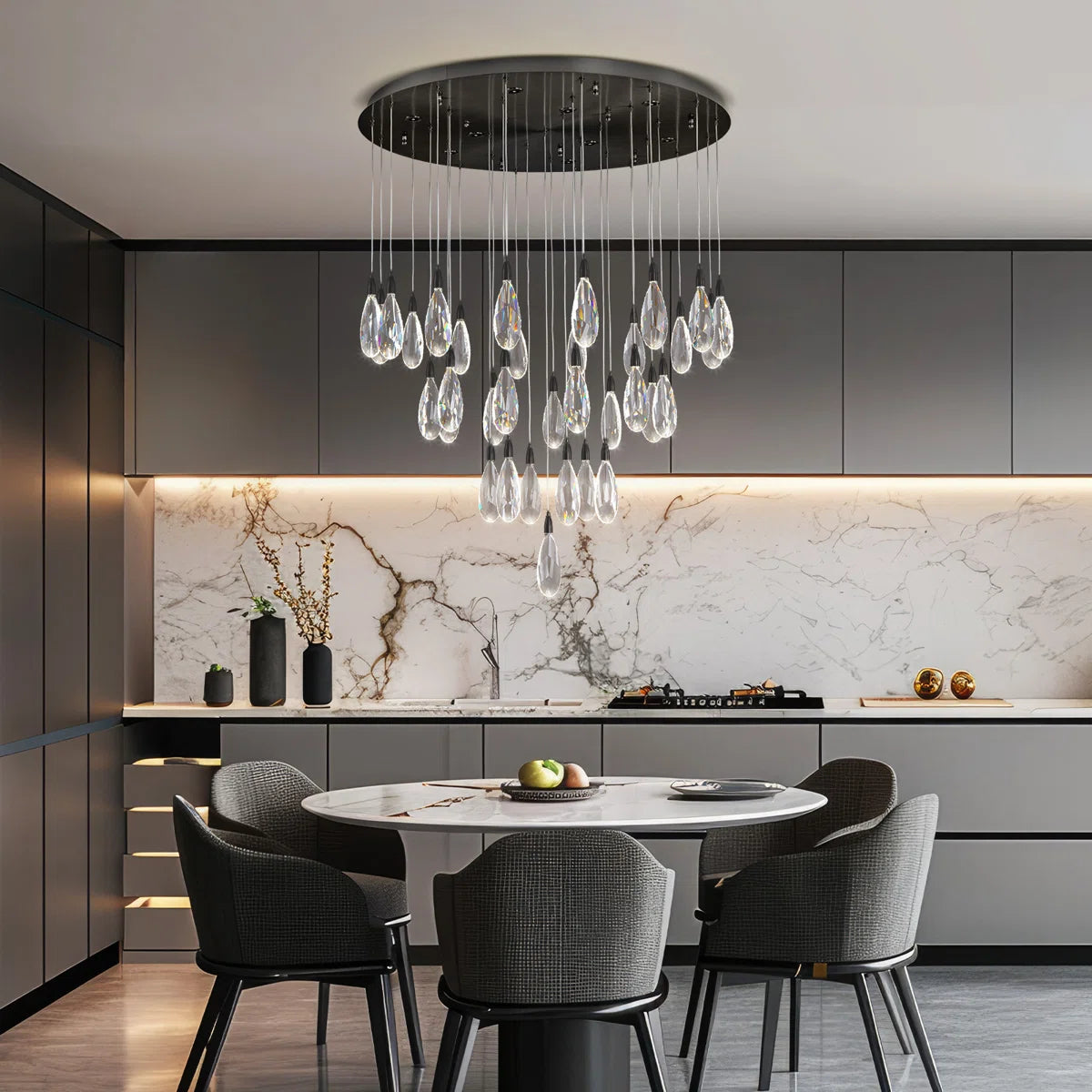 Merlin 43-Light Round Raindrop LED Crystal Chandelier – Modern Luxury Ceiling Light