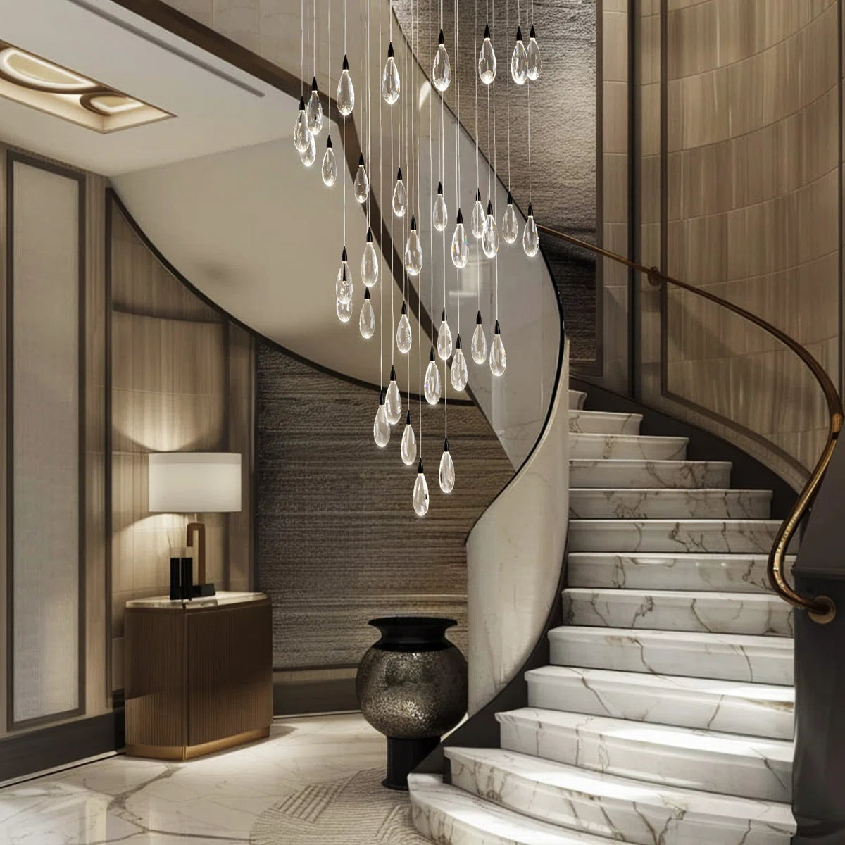 Merlin 43-Light Round Raindrop LED Crystal Chandelier – Modern Luxury Ceiling Light