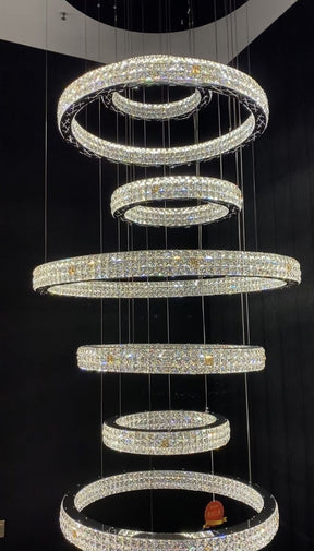 New Modern Light Luxury Oversized Multi-tiered Rings Crystal Chandelier for Staircase/Duplex/High-ceiling Space, long, luxury, noble, chrome, shining