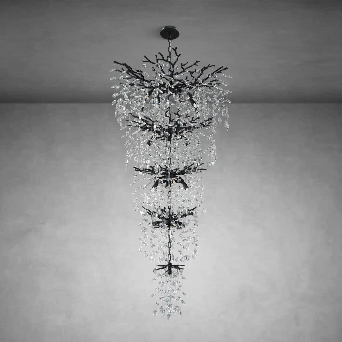 30-Inch Modern Crystal Chandelier - Nature-Inspired Black Branch Ceiling Light