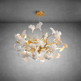 Gold Tree Branch Round Ceramic Ginkgo Leaf Chandelier 32in
