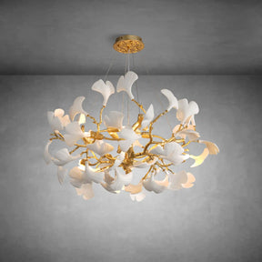 Gold Tree Branch Round Ceramic Ginkgo Leaf Chandelier 32in