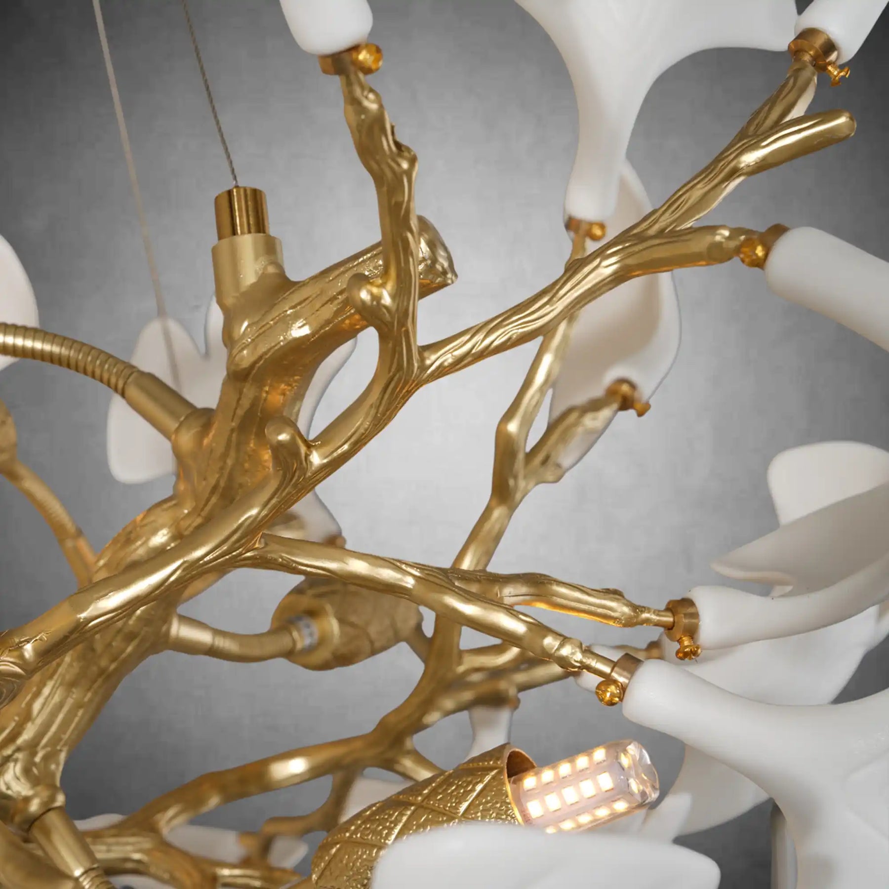 Gold Tree Branch Round Ceramic Ginkgo Leaf Chandelier 32in