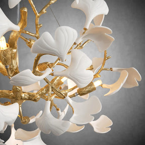 Gold Tree Branch Round Ceramic Ginkgo Leaf Chandelier 32in