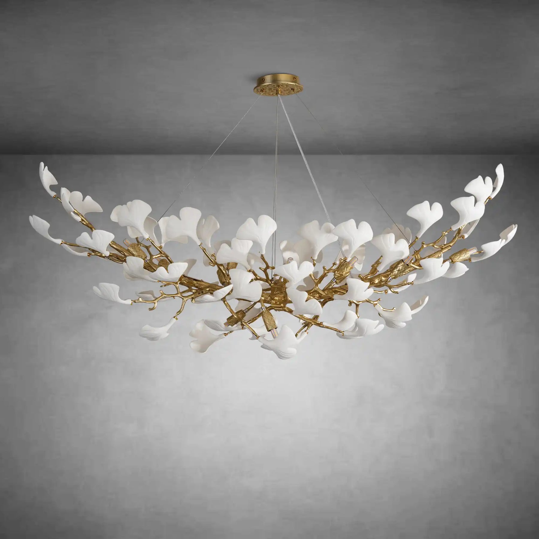 Modern Gold Tree Branch Chandelier for Dining Room, 55-inch Rectangle Ceramic Ginkgo Leaf Chandelier