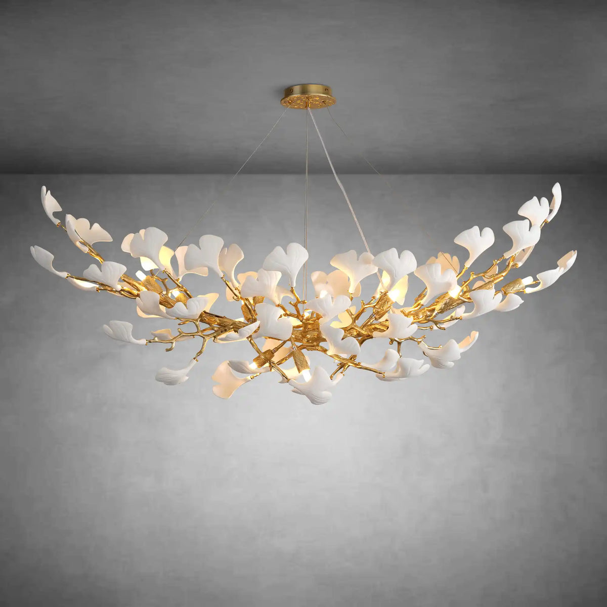 Modern Gold Tree Branch Chandelier for Dining Room, 55-inch Rectangle Ceramic Ginkgo Leaf Chandelier