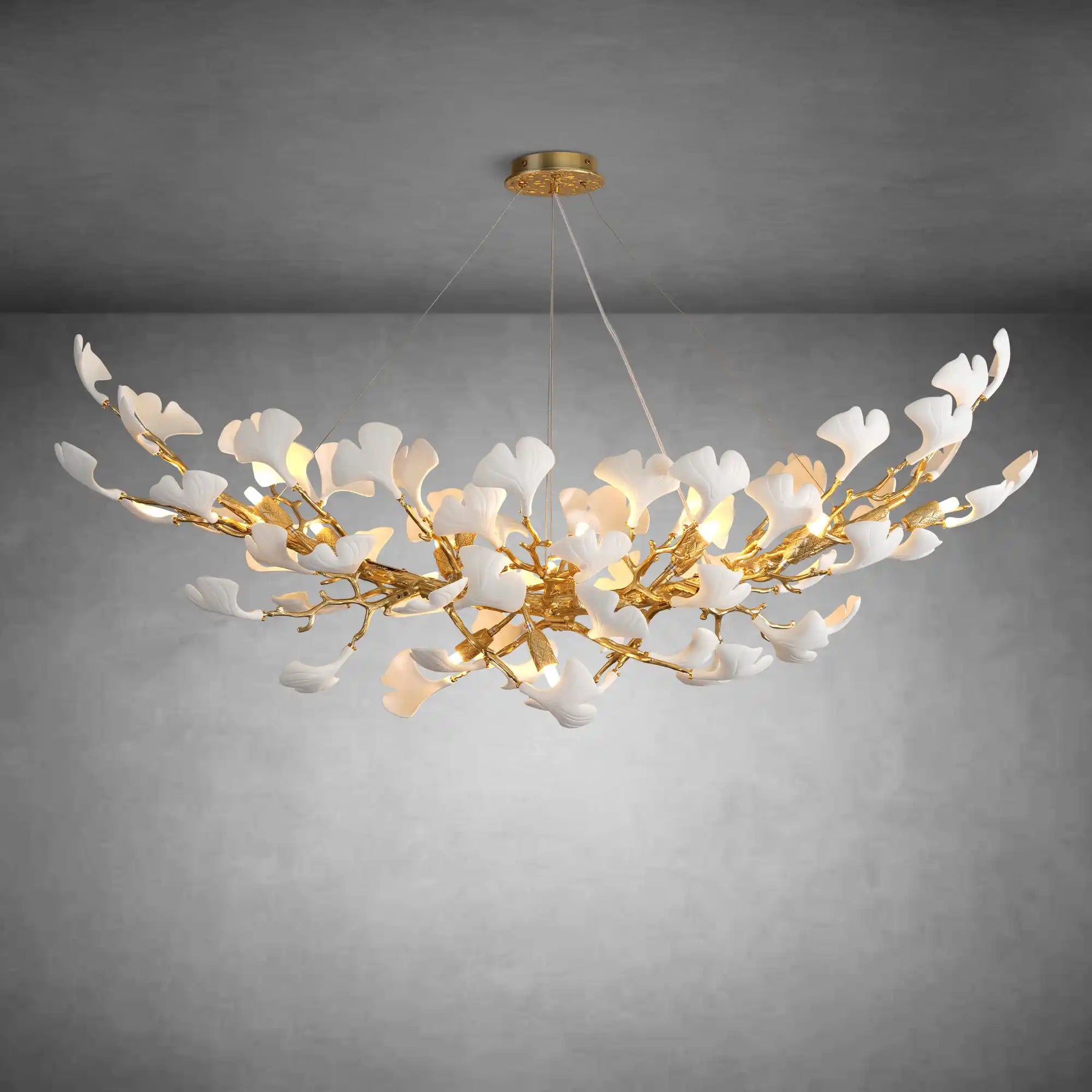 Modern Gold Tree Branch Chandelier for Dining Room, 55-inch Rectangle Ceramic Ginkgo Leaf Chandelier
